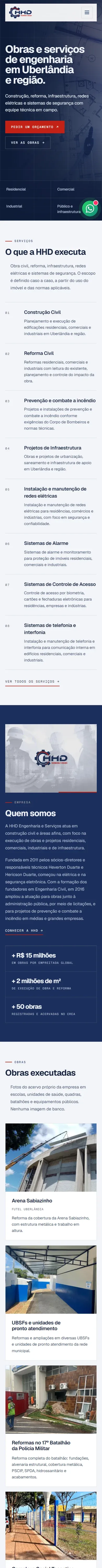 Captura real da versão móvel do site HHD Engenharia