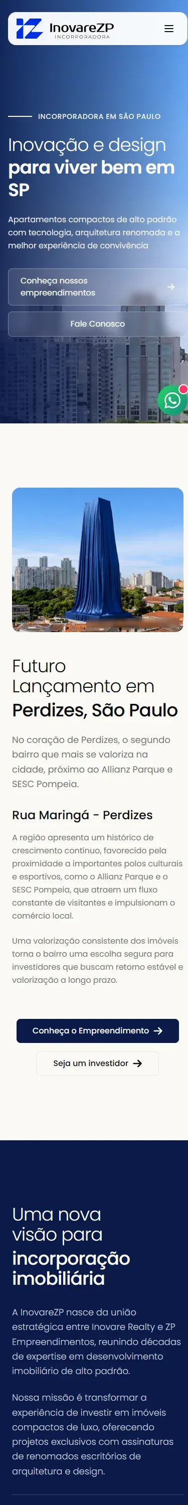 Captura real da versão móvel do site Inovare ZP