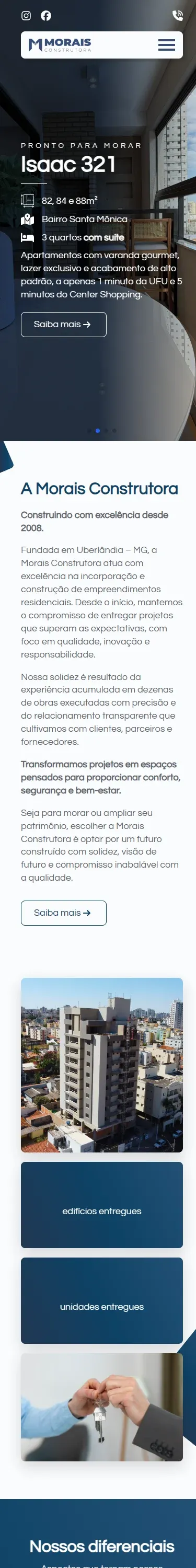 Captura real da versão móvel do site Morais Construtora